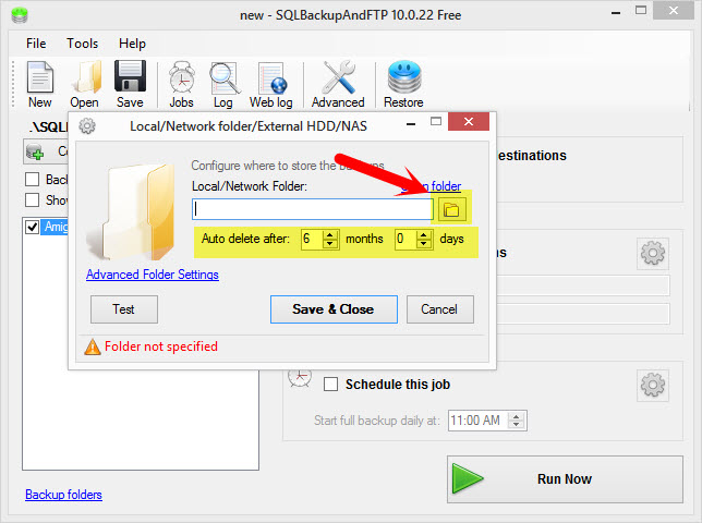 SQLBackupAndFTP Browse for Destination Folder