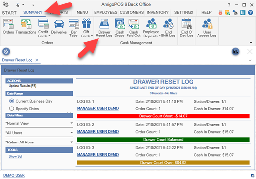 Back Office Drawer Reset Log